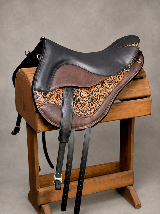 Trailmaster Ranger Soft Saddle in black and brown leather with embossed floral leather panel